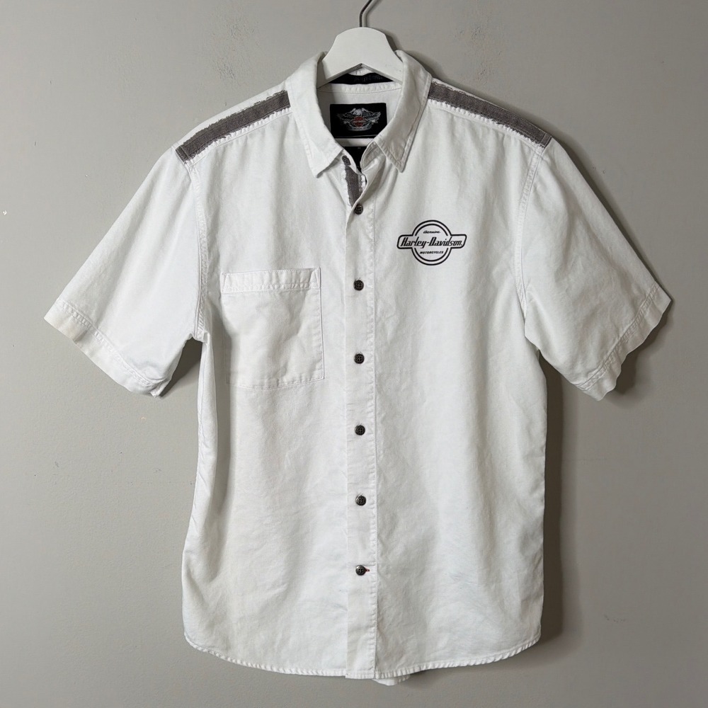 Harley-Davidson Mens White Cotton Button Down Short Sleeve Biker Shirt Medium